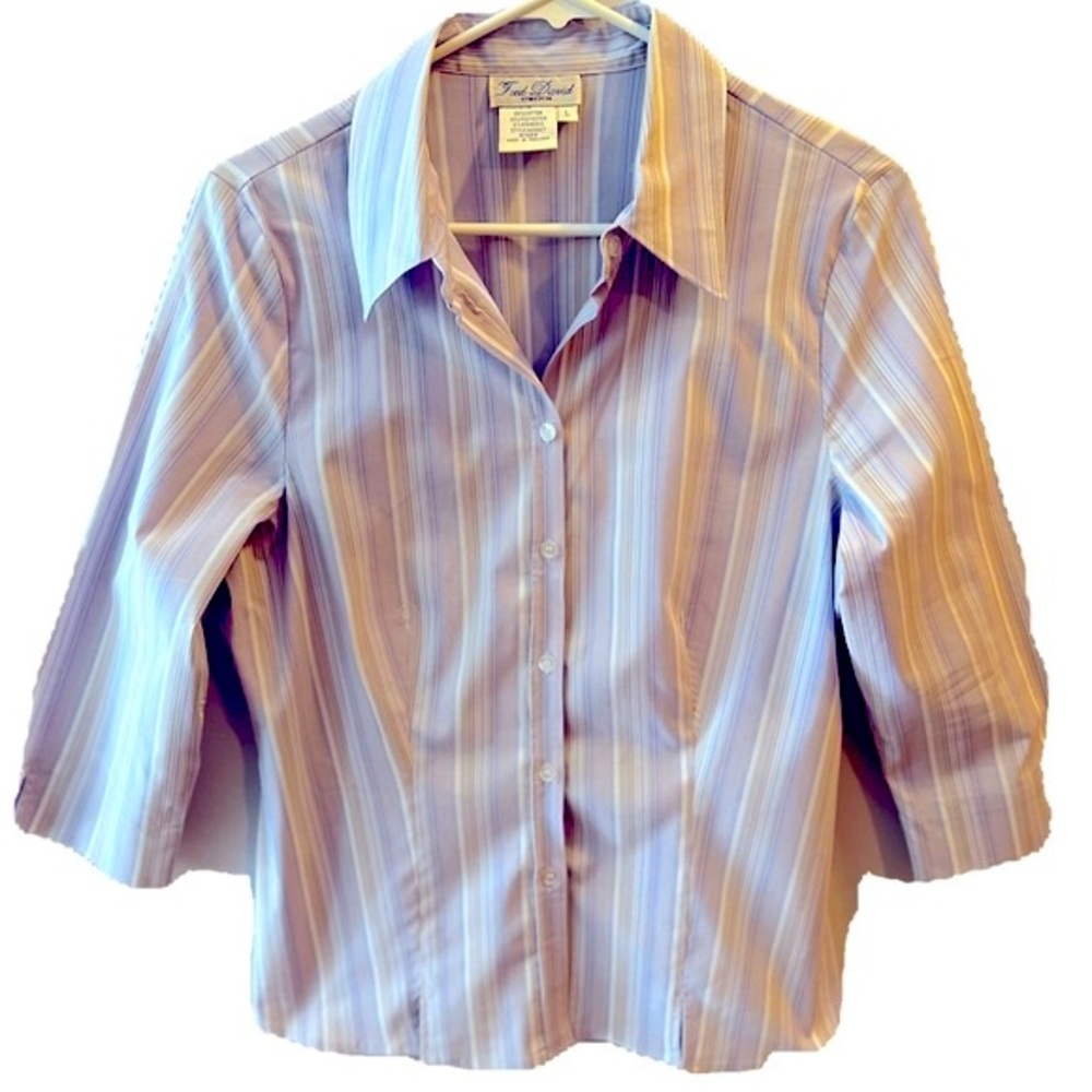 Fred David Lavender/Tan/White Striped Button Down Long Sleeve Blouse.  Size=L.